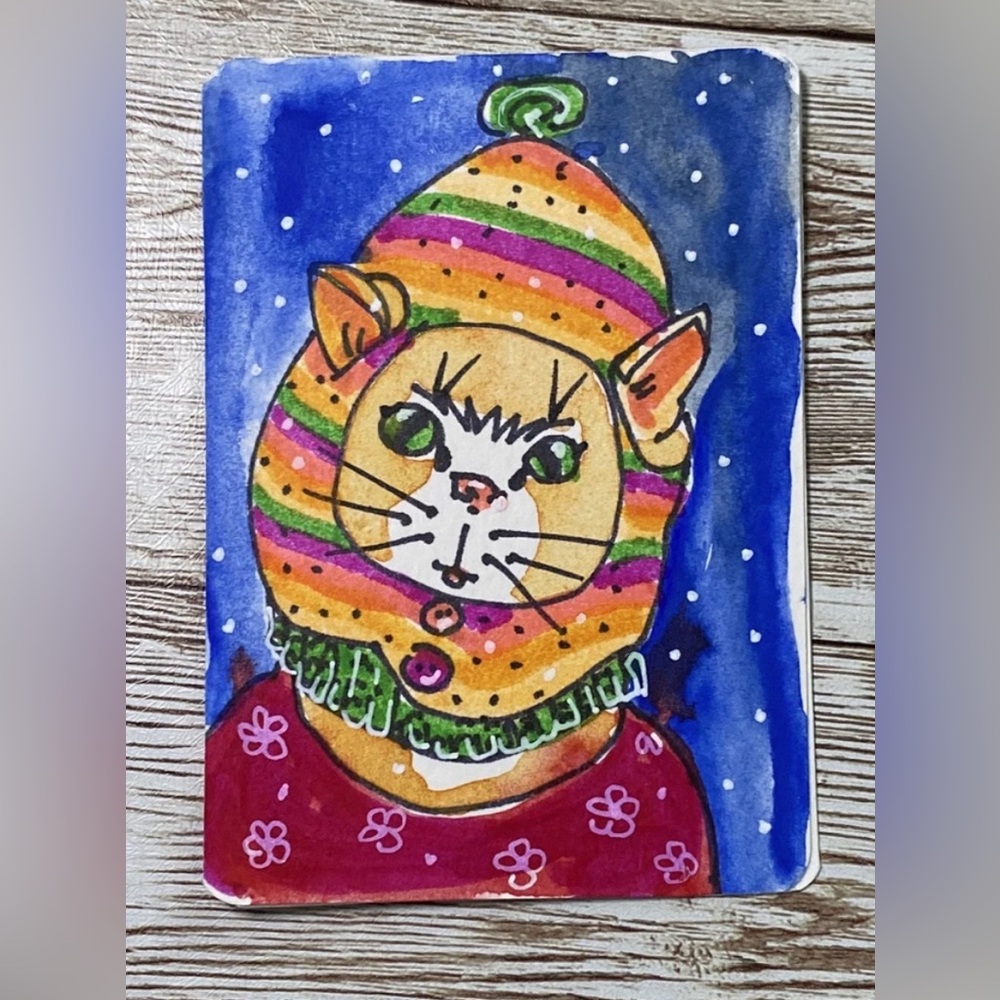ACEO Original Art Card KEEP WARM Hand Drawn 2.5 x 3.5" SILLY CAT Series Card #3